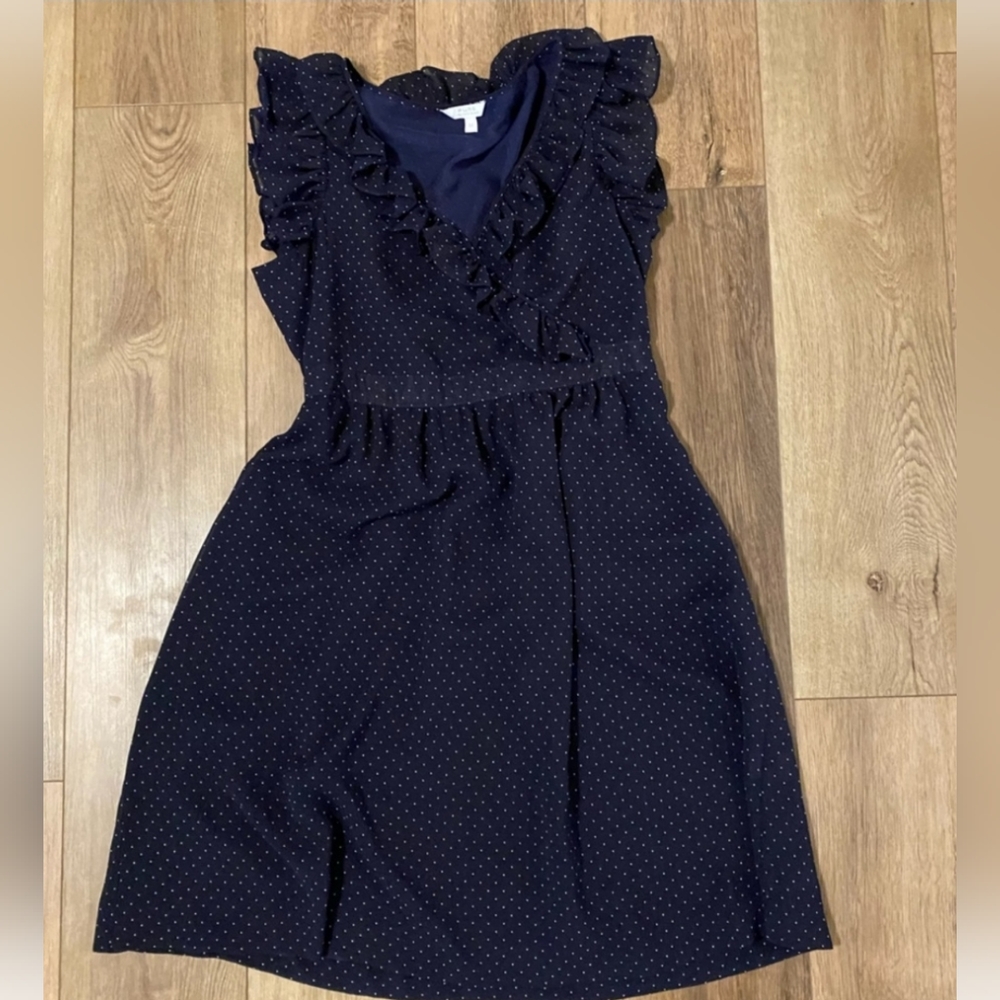 PURE Alfred Sung Black and White Polka Dot Chiffon Ruffled V-Neck Dress, Size M